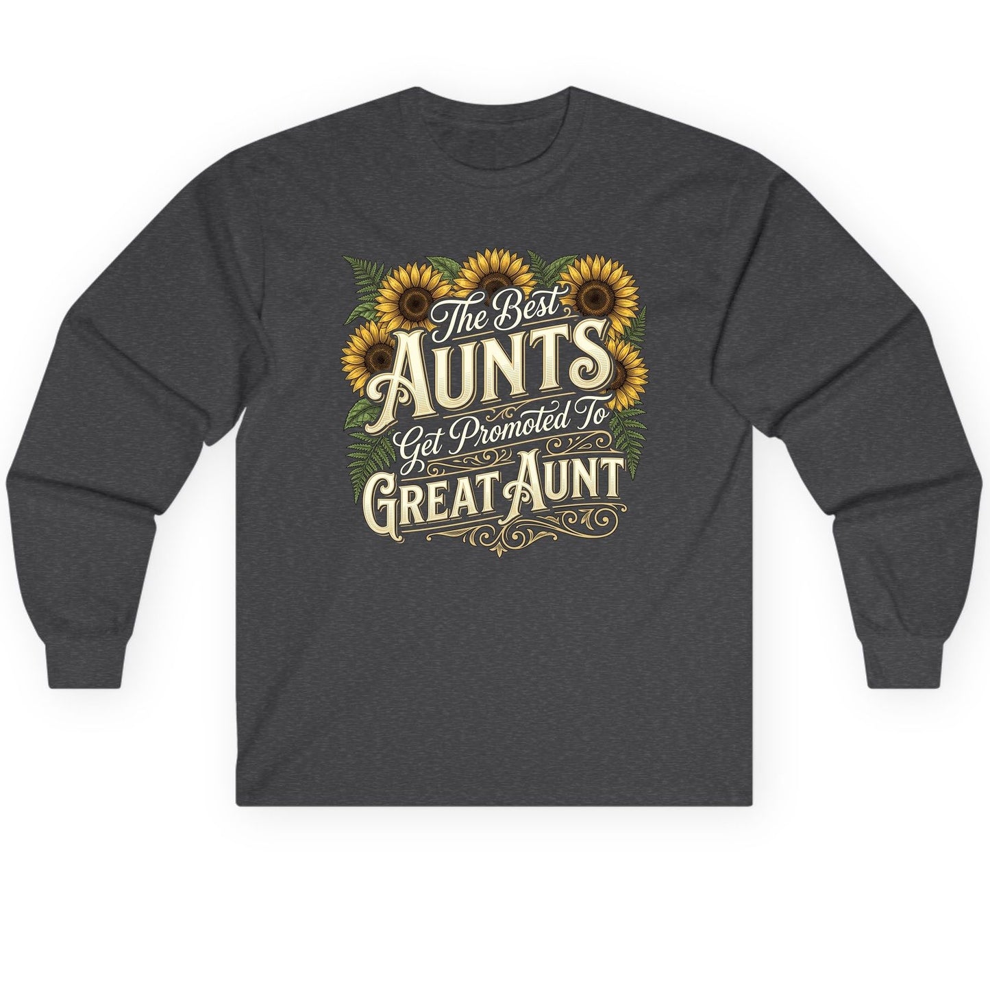 The Best AUNTS Get Promoted to GREAT AUNT Retro Long Sleeve Tee - product mockup - Dark Heather