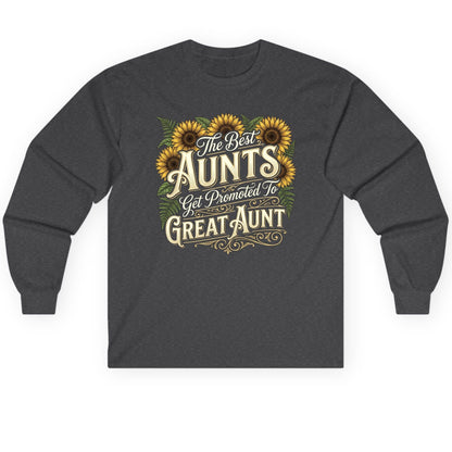 The Best AUNTS Get Promoted to GREAT AUNT Retro Long Sleeve Tee - product mockup - Dark Heather