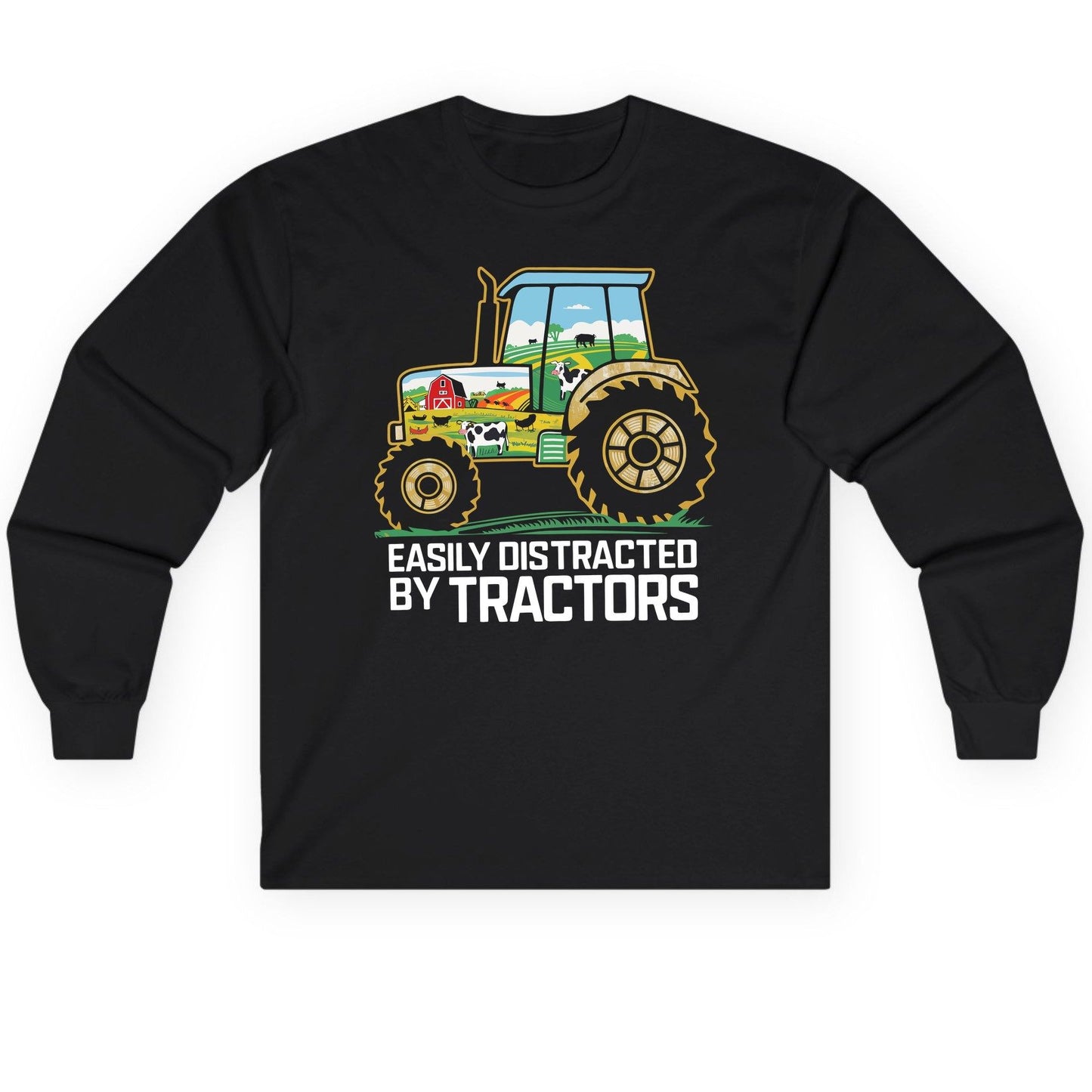 Easily Distracted by Tractors farming Long Sleeve Tee Black product mockup