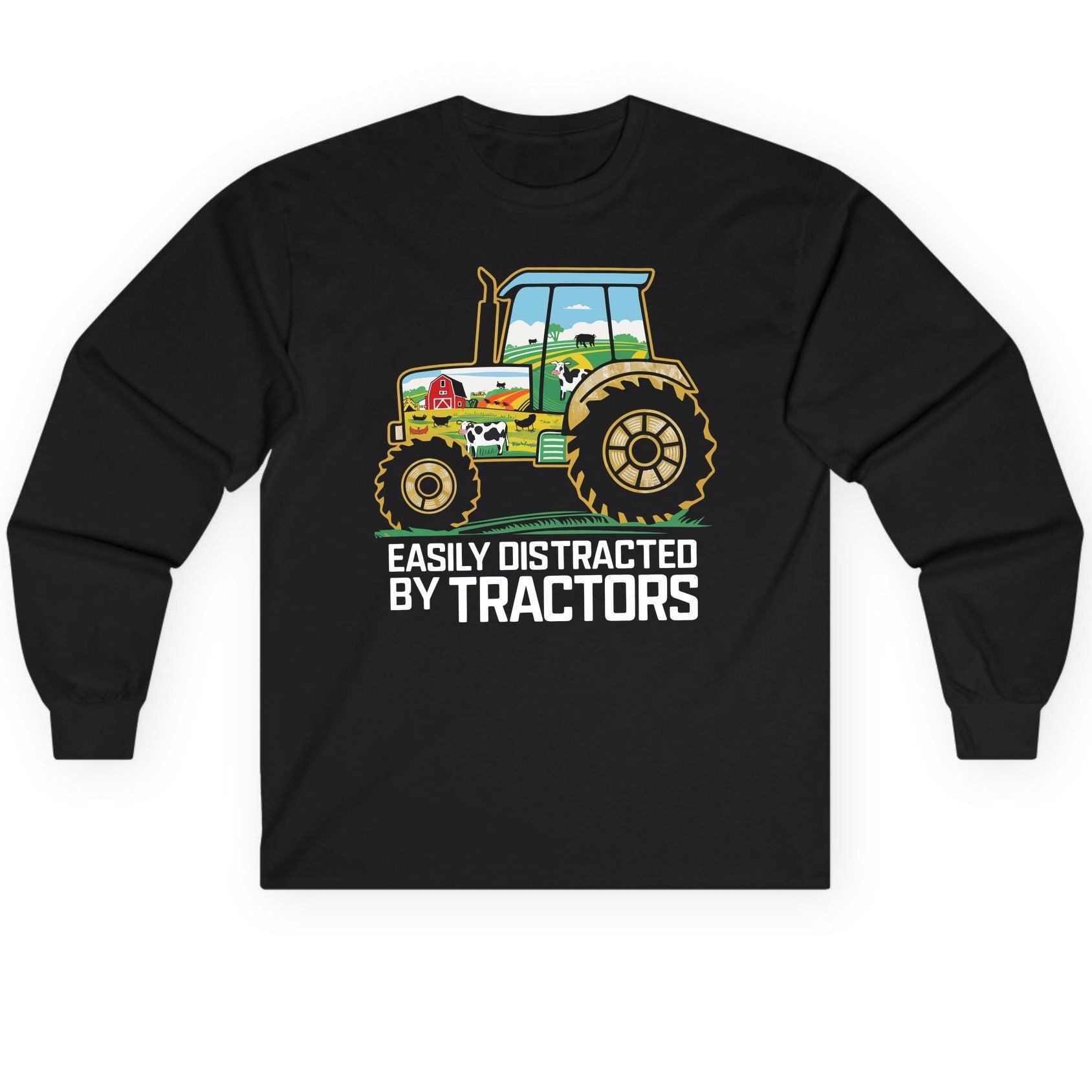 Easily Distracted by Tractors farming Long Sleeve Tee Black product mockup