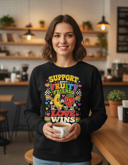 Support Your Fruity Friends Love Wins Retro Lgbtq+ Pride Sweatshirt - lifestyle model mockup - Black