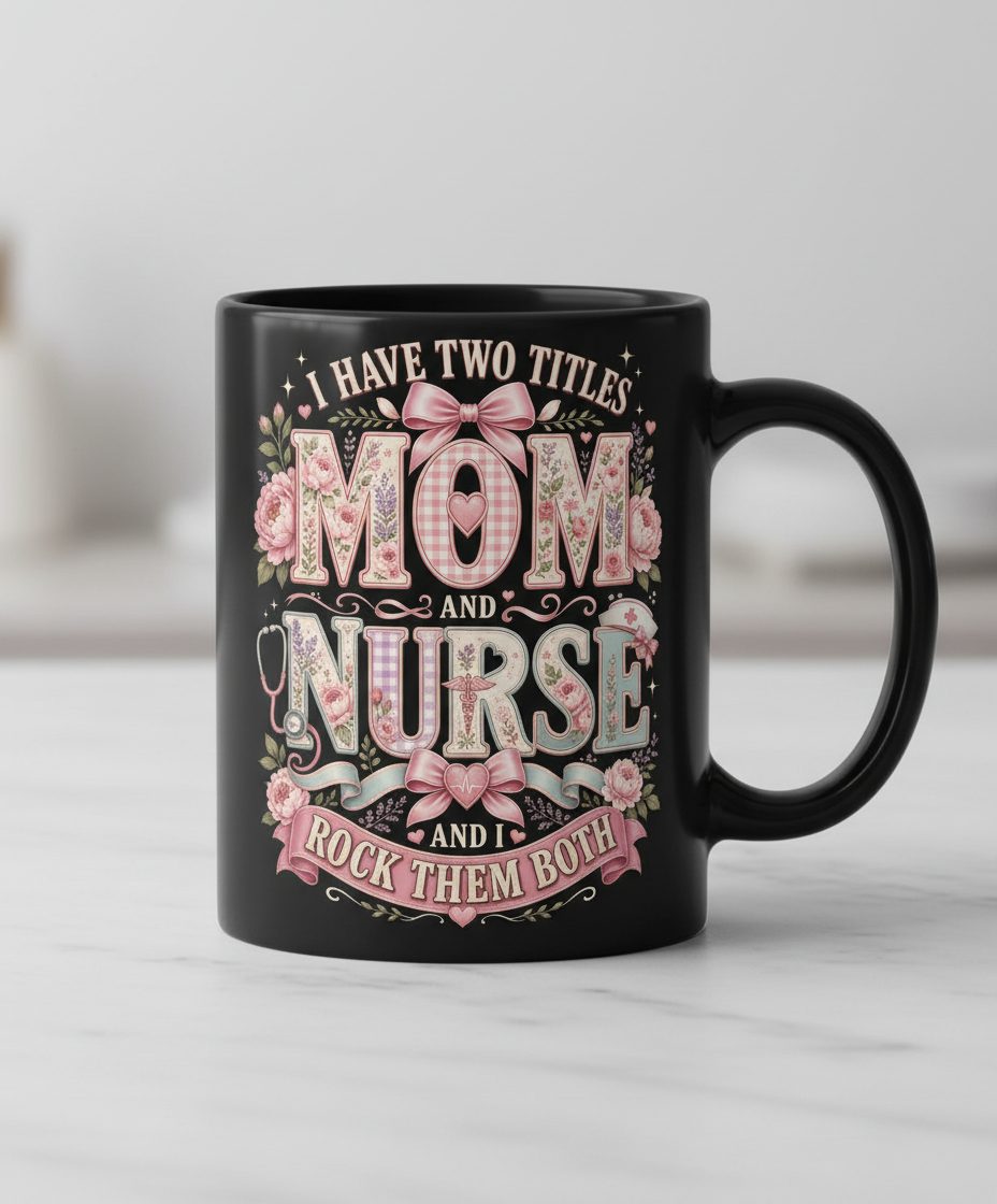 I Have Two Titles Mom and Nurse and I Rock Them Both Black Mug - product mockup - Black