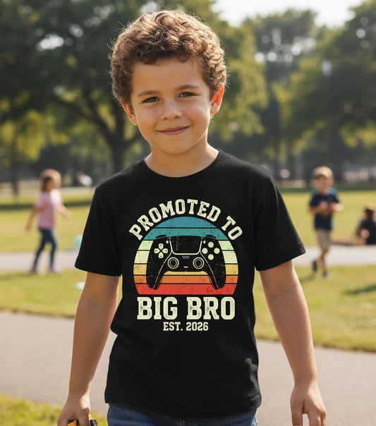 Promoted TO BIG BRO EST 2026 Retro Gaming Youth T-Shirt - lifestyle model mockup - Black