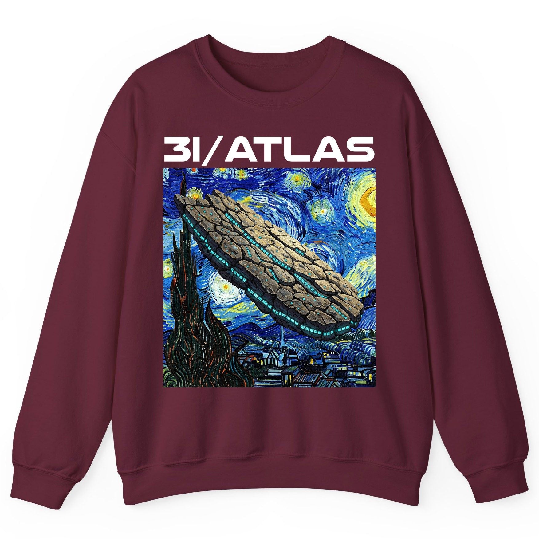 31 Atlas van gogh sci-fi mashup Sweatshirt Maroon product mockup