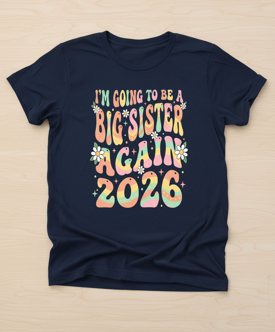 I'm Going To Be A Big Sister Again 2026 Groovy Retro Announcement T-Shirt - Navy