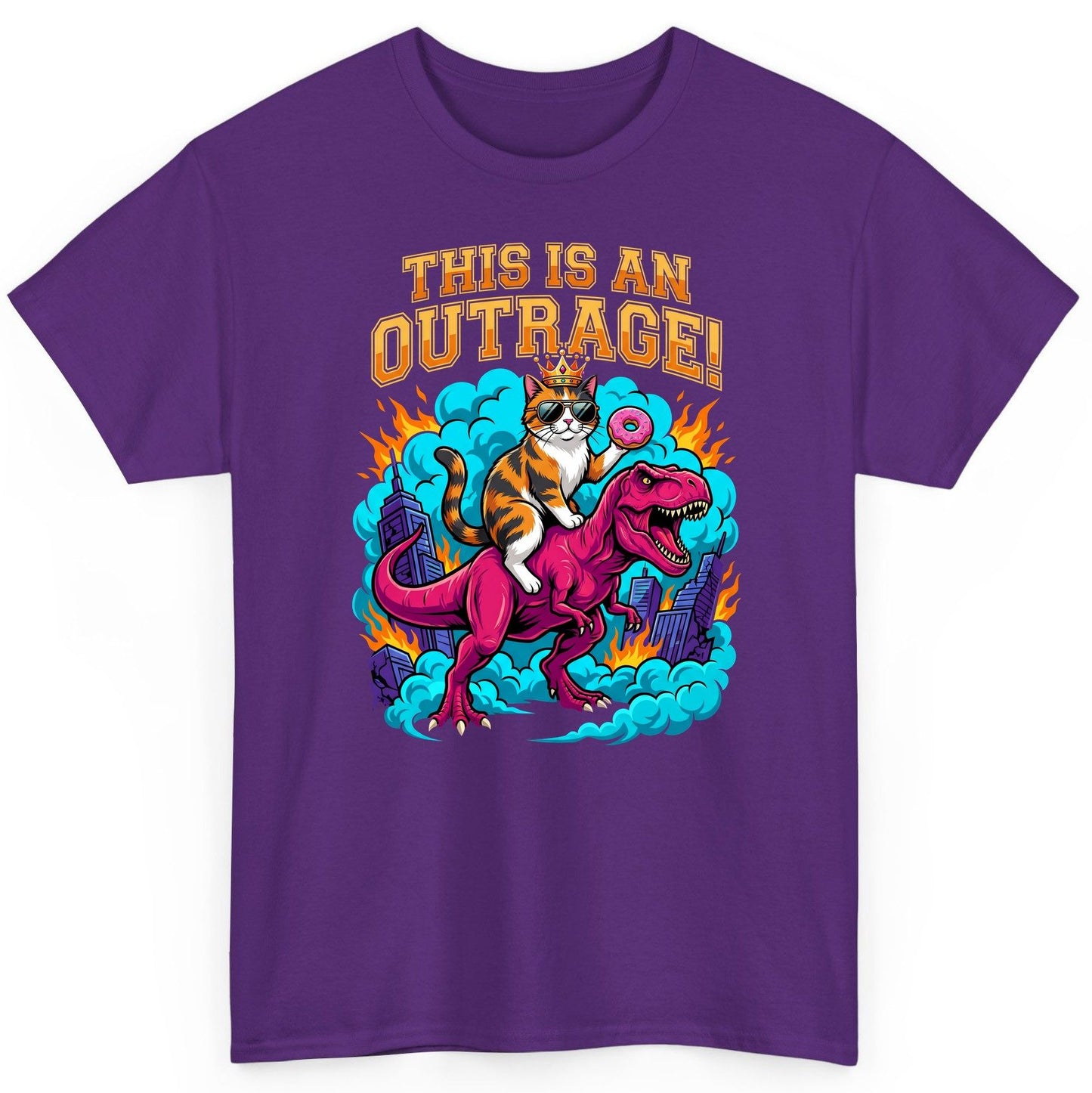 THIS IS AN OUTRAGE! Cat riding a T-Rex T-Shirt Purple product mockup