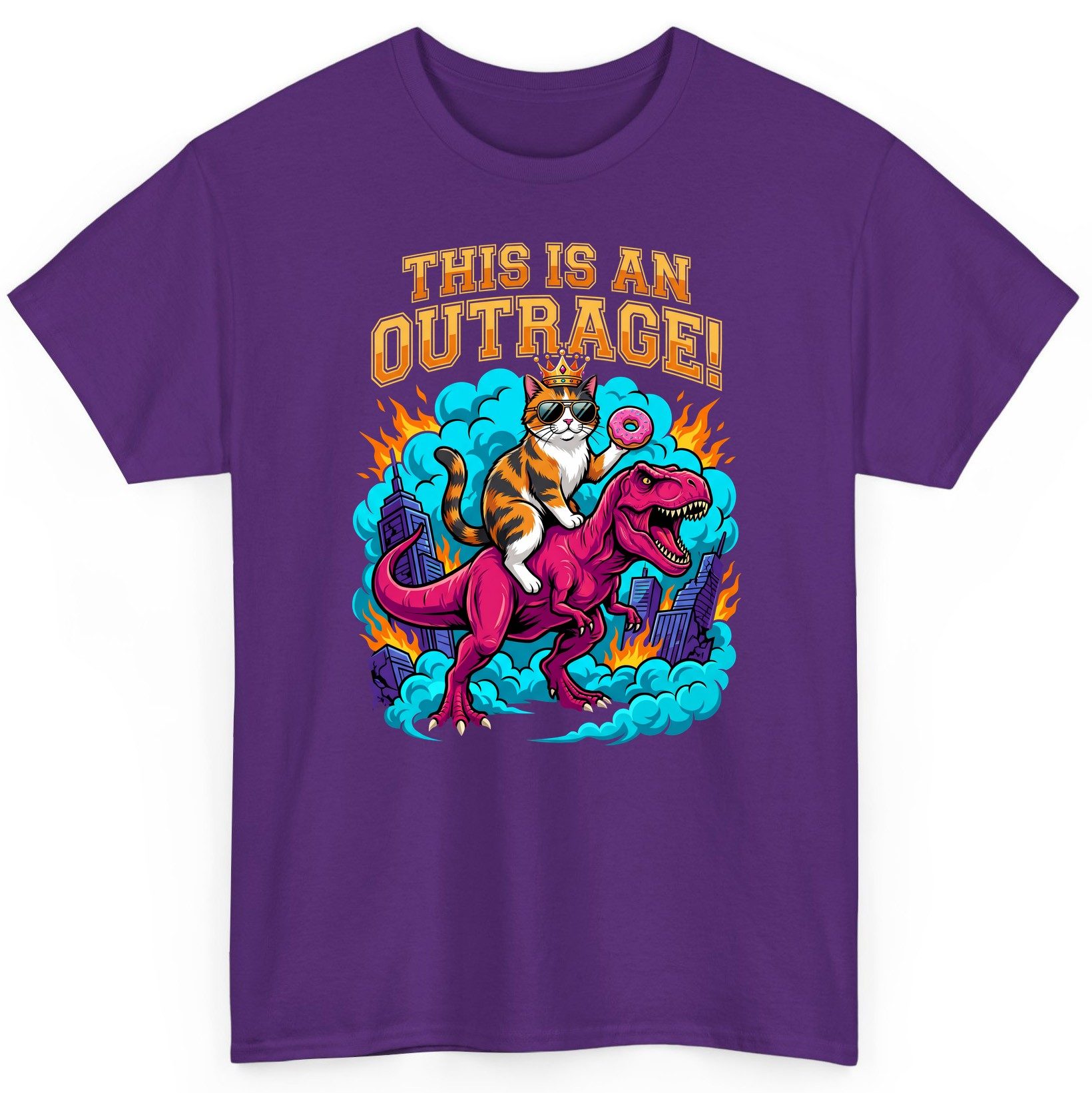 THIS IS AN OUTRAGE! Cat riding a T-Rex T-Shirt Purple product mockup