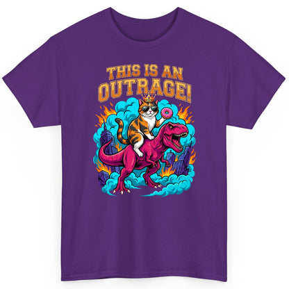 THIS IS AN OUTRAGE! Cat riding a T-Rex T-Shirt Purple product mockup