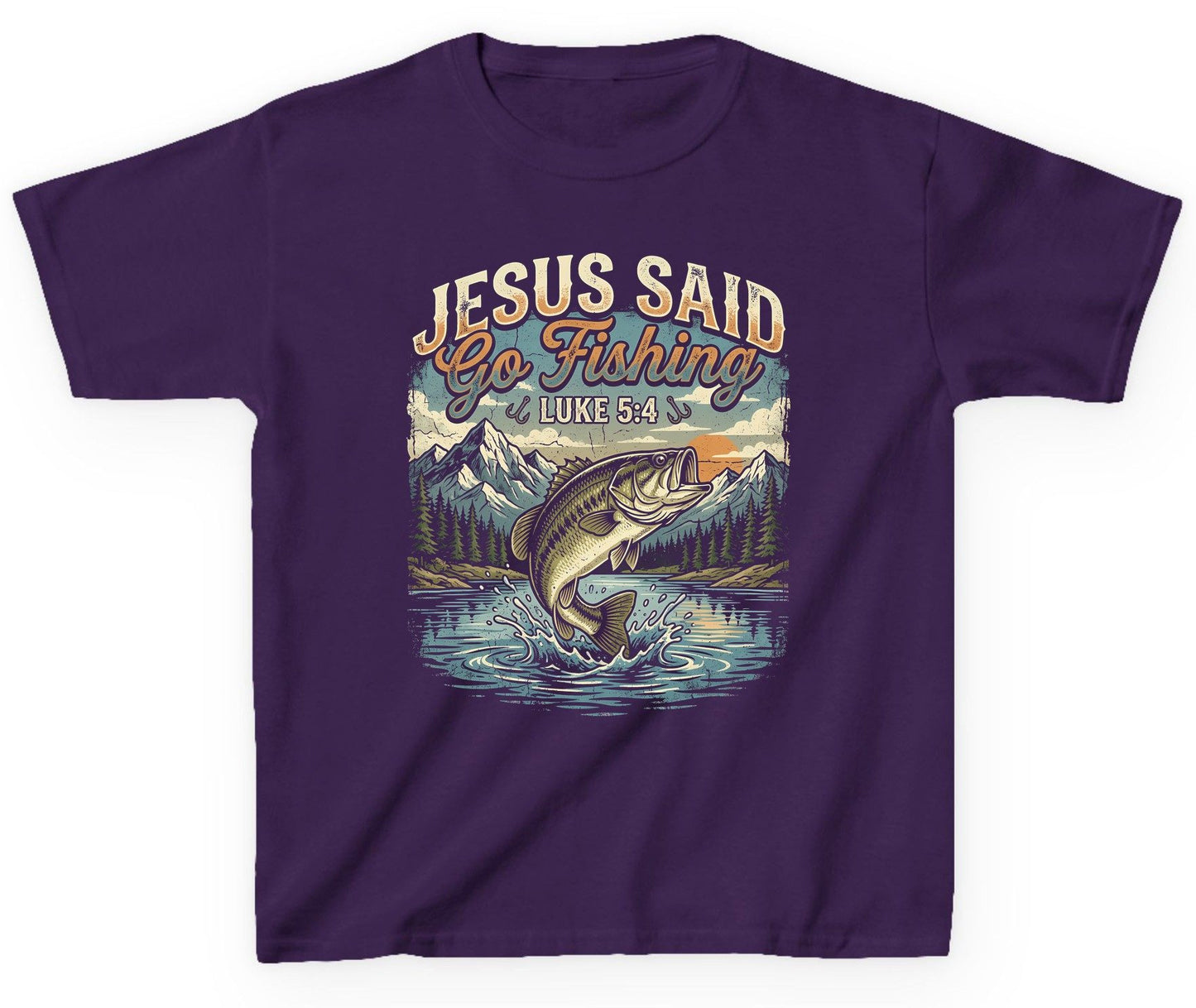 JESUS SAID Go Fishing LUKE 5 4 Retro Christian Youth T-Shirt - product mockup - Purple