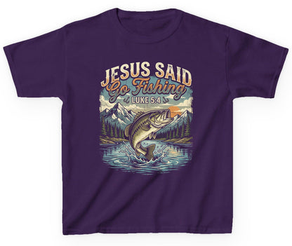 JESUS SAID Go Fishing LUKE 5 4 Retro Christian Youth T-Shirt - product mockup - Purple