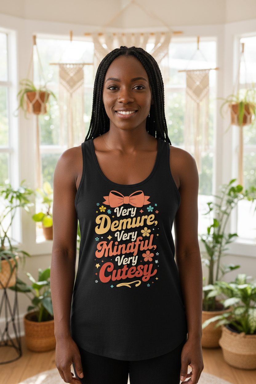 Very Demure, Very Mindful, Very Cutesy positive affirmations Tank Top Black lifestyle mockup