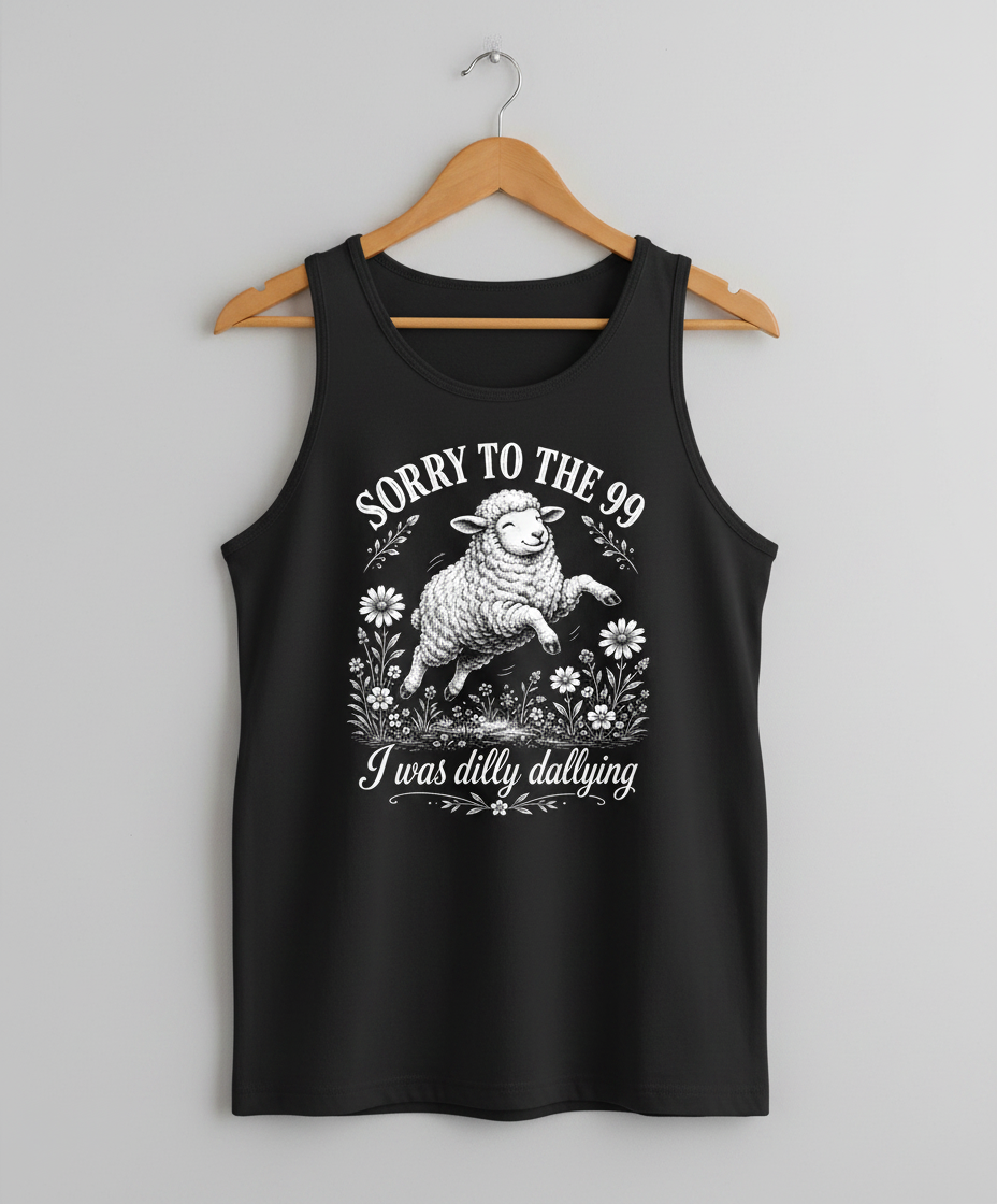 Dilly Dallying Lost Sheep Christian Humor Design Tank Top - Black