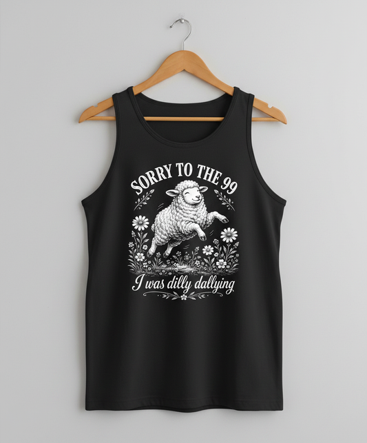 Dilly Dallying Lost Sheep Christian Humor Design Tank Top - Black