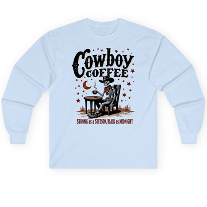Cowboy Coffee Strong as a Stetson, Black as Midnight cowboy skeleton Long Sleeve Tee Light Blue product mockup