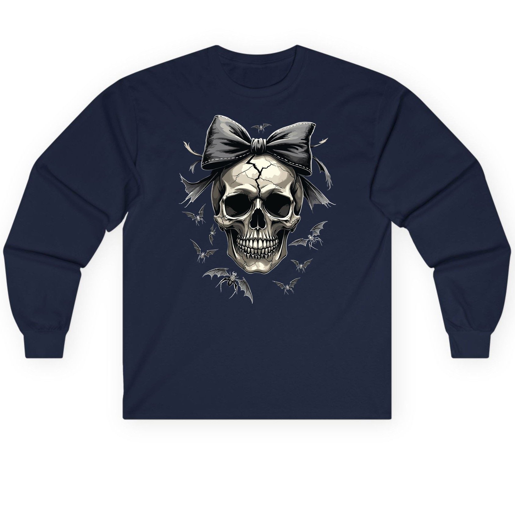 Gothic Skull with Bow gothic skull Long Sleeve Tee Navy product mockup