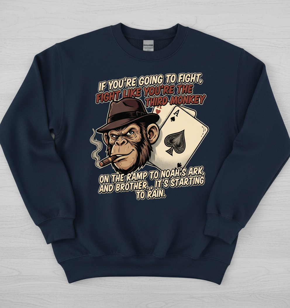 Third Monkey on Noah's Ark Fighting Quote Sweatshirt - Navy