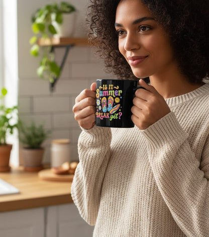 Is It Summer Break Yet Retro Vacation Black Mug - lifestyle model mockup - Black