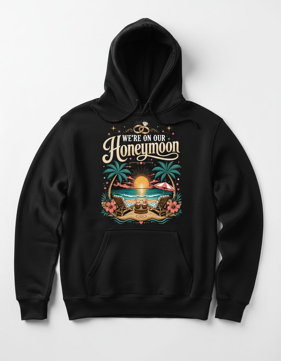 We're on Our Honeymoon Retro Newlyweds Hoodie - product mockup - Black
