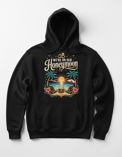 We're on Our Honeymoon Retro Newlyweds Hoodie - product mockup - Black