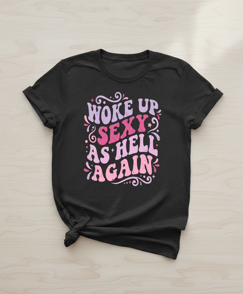 Woke Up Sexy As Hell Again Groovy Retro Typography T-Shirt - Dark Heather