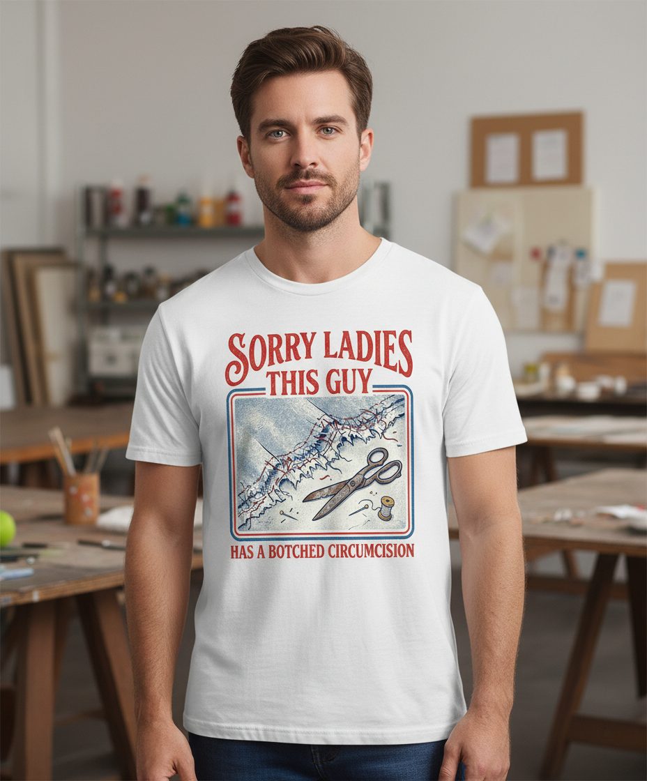 Sorry Ladies This Guy Has a Botched Circumcision T-Shirt - lifestyle model mockup - White