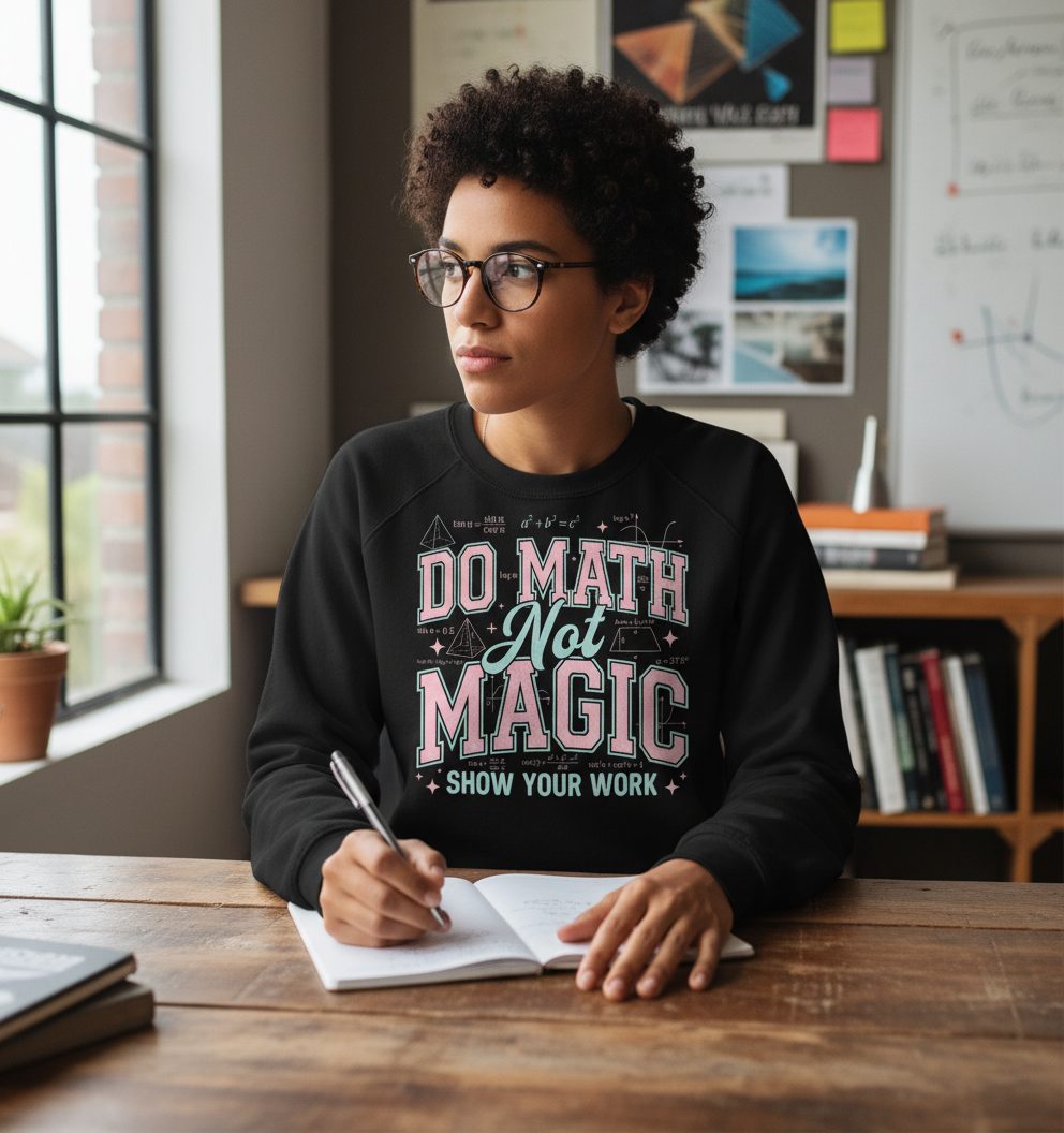 Do Math Not Magic Show Your Work Retro Teachers Sweatshirt - lifestyle model mockup - Black