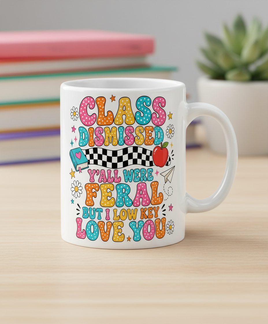 Class Dismissed Y'all Were Feral but I Low Key Love You White Mug - product mockup - White