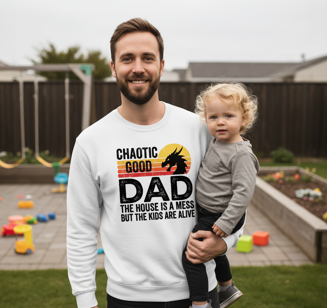 CHAOTIC GOOD DAD THE HOUSE IS A MESS BUT THE KIDS ARE ALIVE Funny Chaotic Good Dad Dragon Sweatshirt - lifestyle model mockup - White