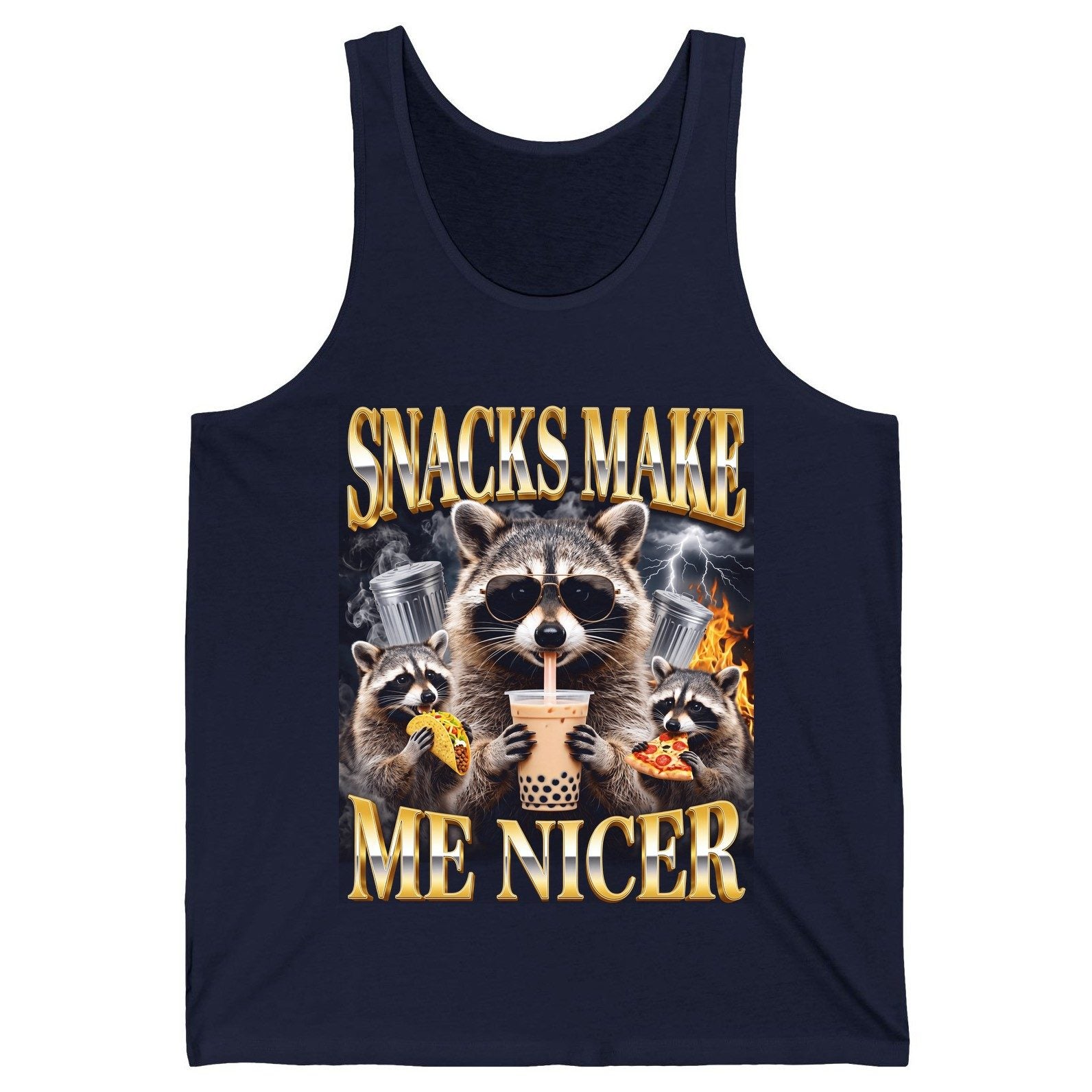 SNACKS MAKE ME NICER Funny Raccoon Tank Top - product mockup - Navy