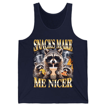 SNACKS MAKE ME NICER Funny Raccoon Tank Top - product mockup - Navy