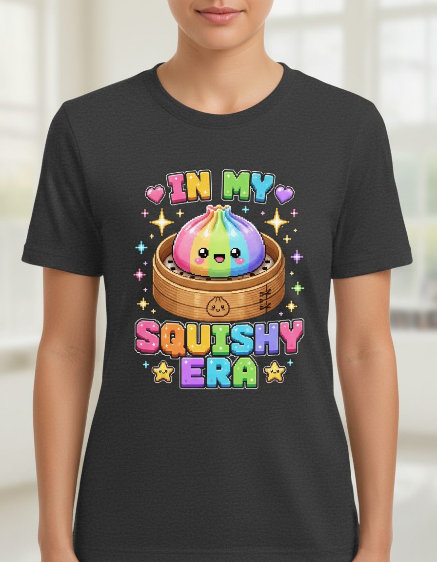 In My Squishy Era Retro Kawaii Dumpling T-Shirt - product mockup - Dark Heather