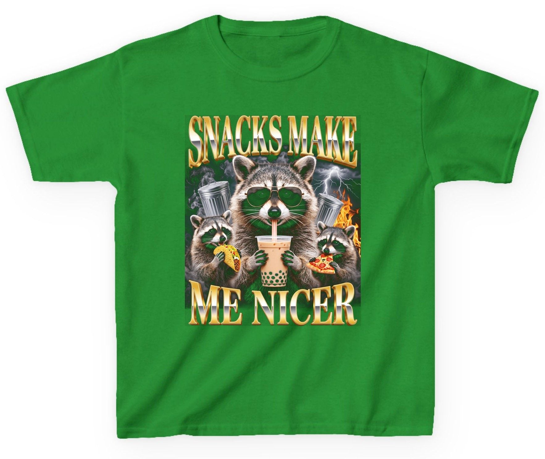 SNACKS MAKE ME NICER Funny Raccoon Youth T-Shirt - product mockup - Irish Green