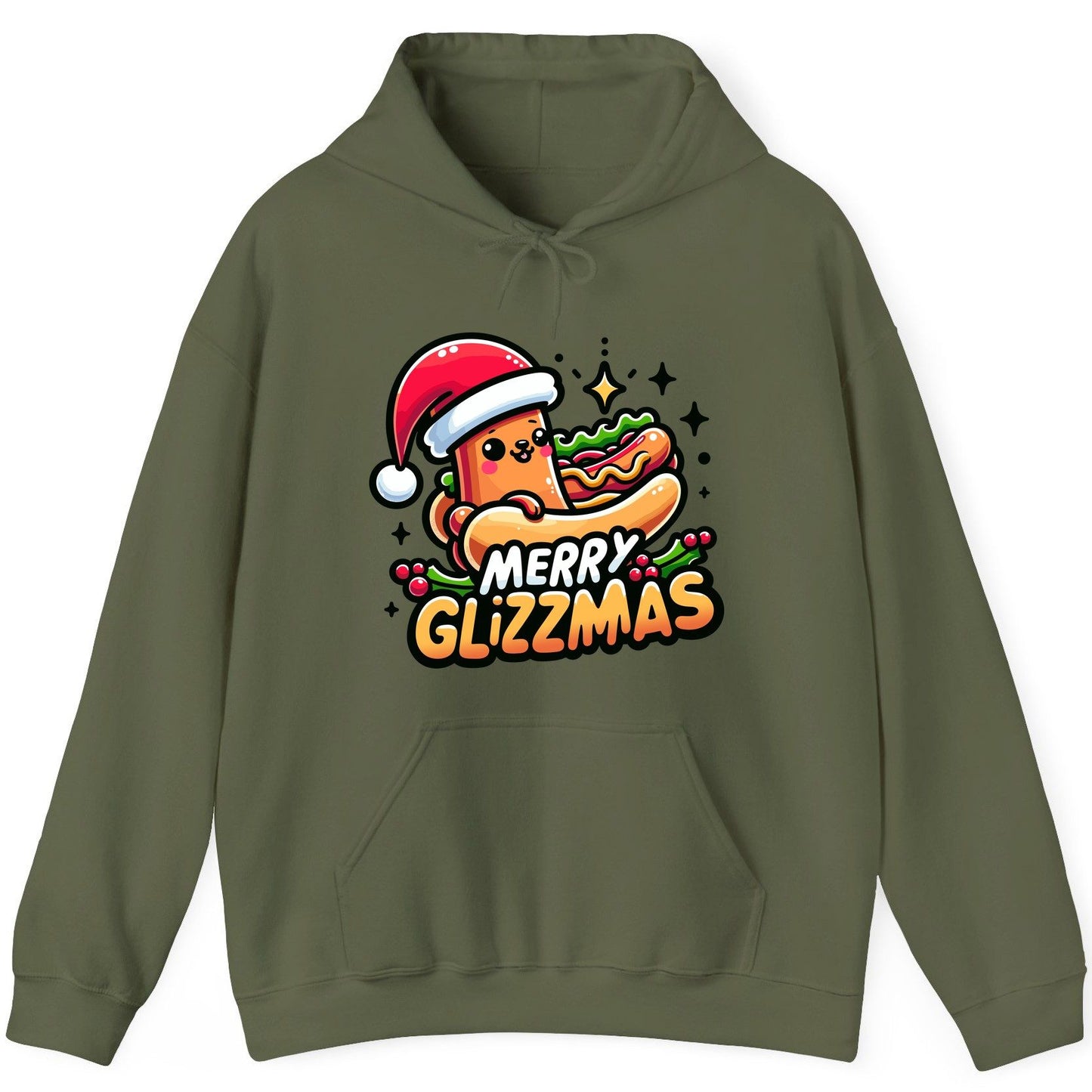 Merry Glizzmas hot dog Hoodie Military Green product mockup