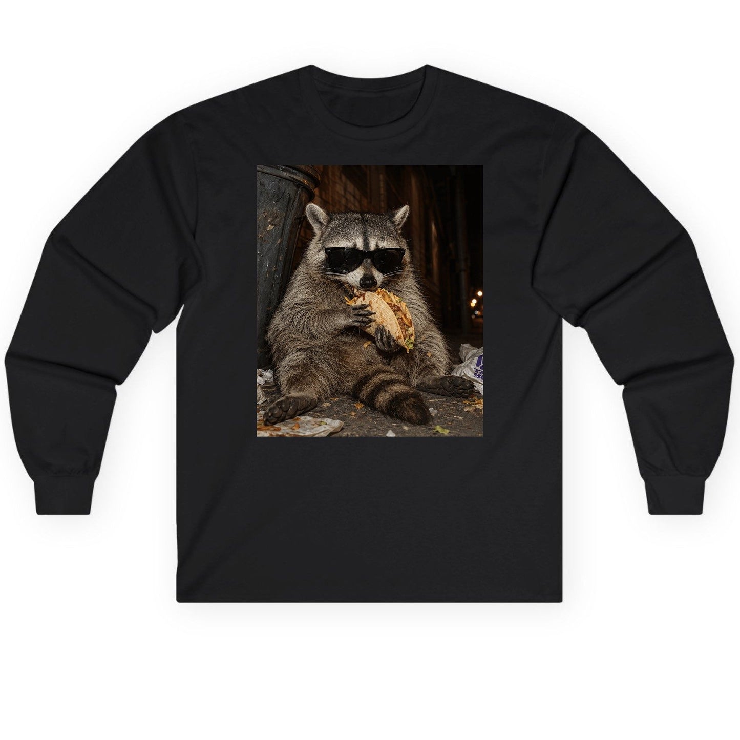 Raccoon Eating Taco Funny Animal Lovers Long Sleeve Tee - product mockup - Black
