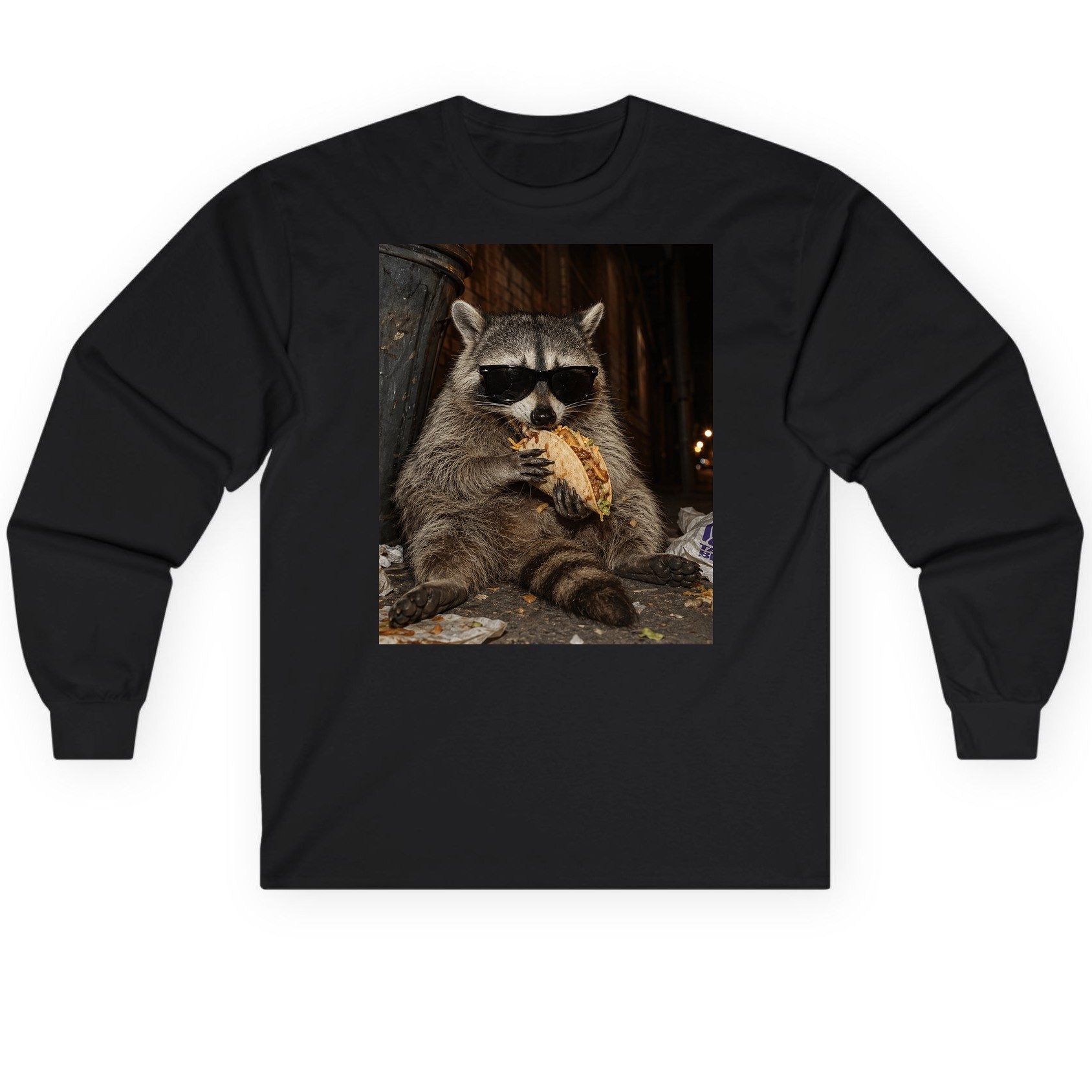 Raccoon Eating Taco Funny Animal Lovers Long Sleeve Tee - product mockup - Black