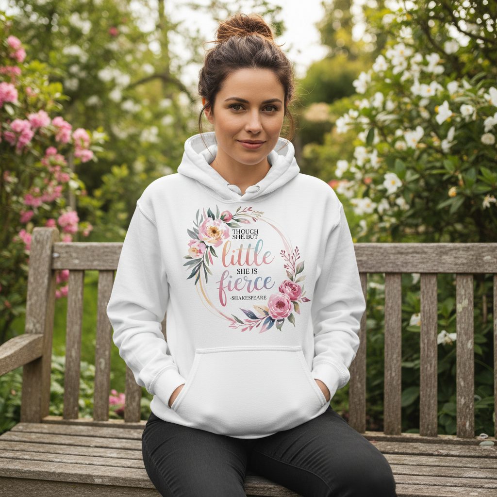 Little Fierce feminine empowerment Hoodie White lifestyle mockup