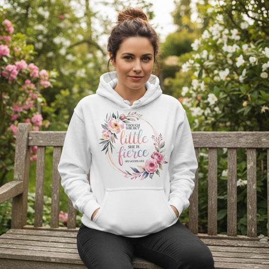 Little Fierce feminine empowerment Hoodie White lifestyle mockup