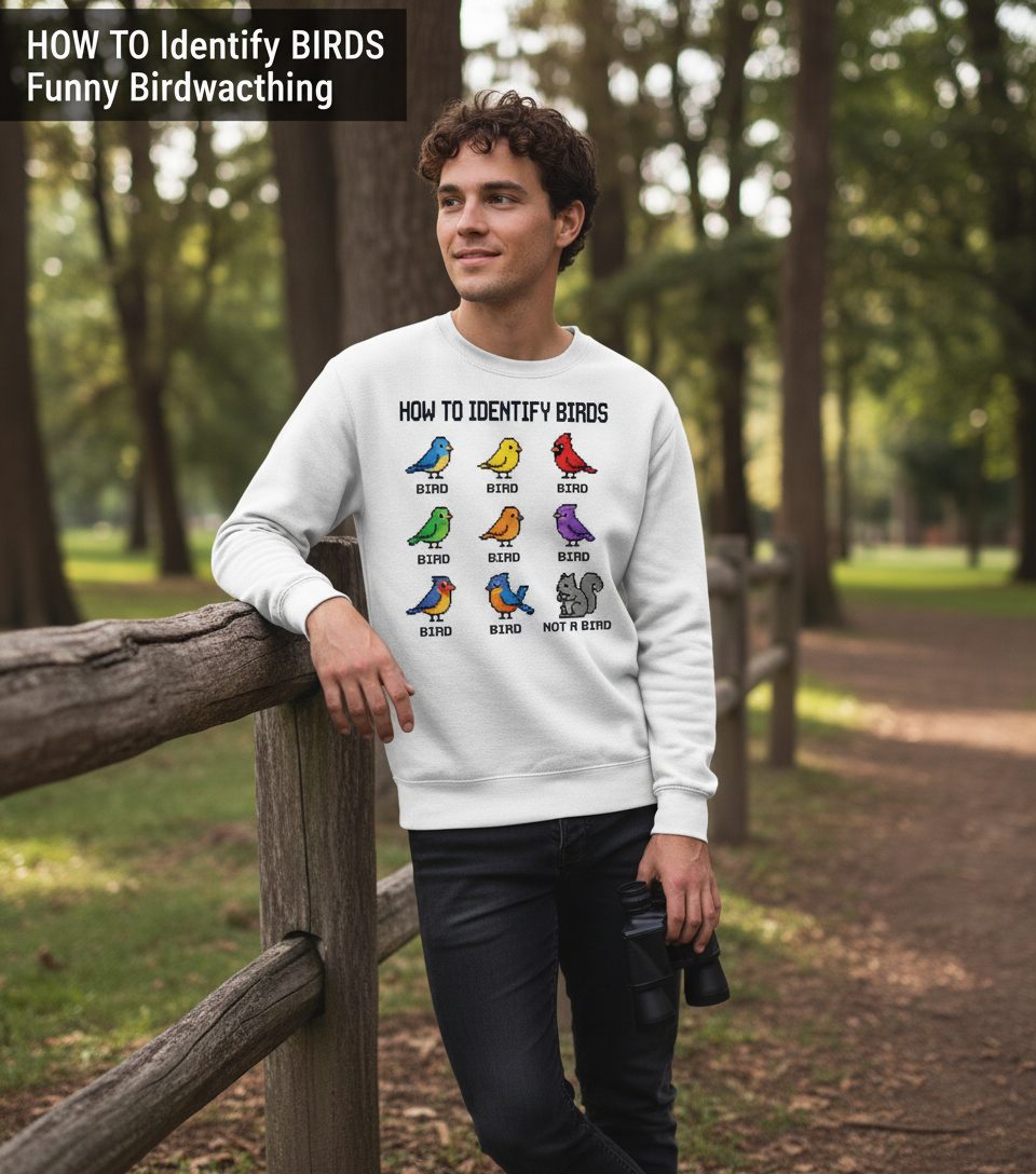 HOW TO Identify BIRDS Funny Birdwatching Sweatshirt - lifestyle model mockup - White