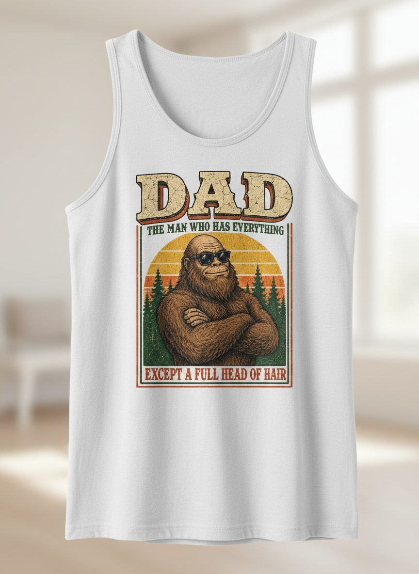 Dad the Man Who Has Everything Except a Full Head of Hair Funny Bigfoot Tank Top - product mockup - White