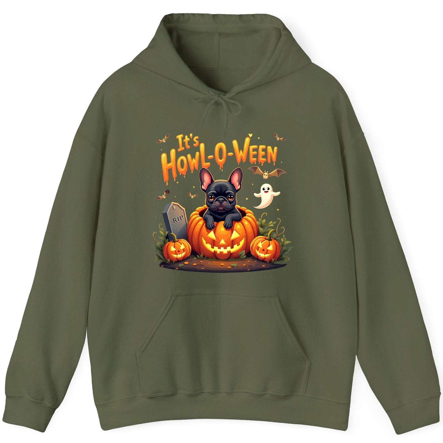 It's Howl-O-Ween french bulldog Hoodie Military Green product mockup