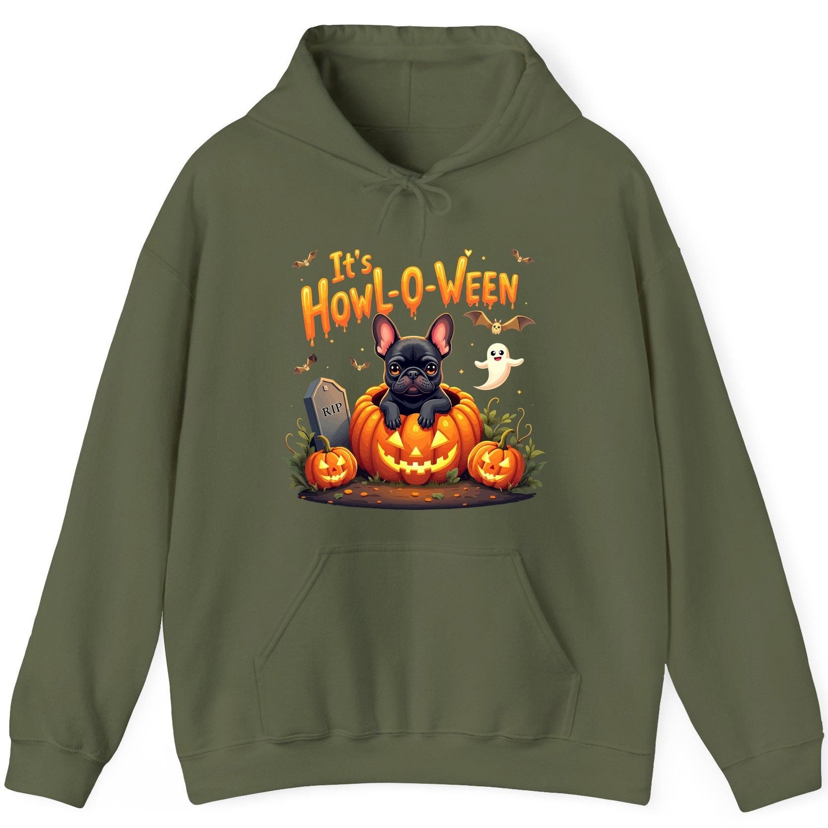 It's Howl-O-Ween french bulldog Hoodie Military Green product mockup