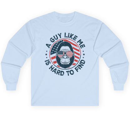 A Guy Like Me Is Hard to Find patriotic bigfoot Long Sleeve Tee Light Blue product mockup