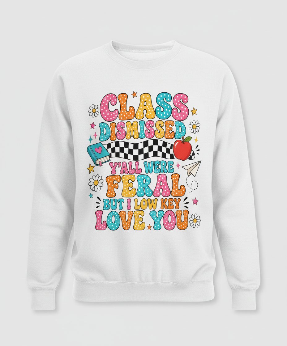 Class Dismissed Y'all Were Feral but I Low Key Love You Sweatshirt - product mockup - White