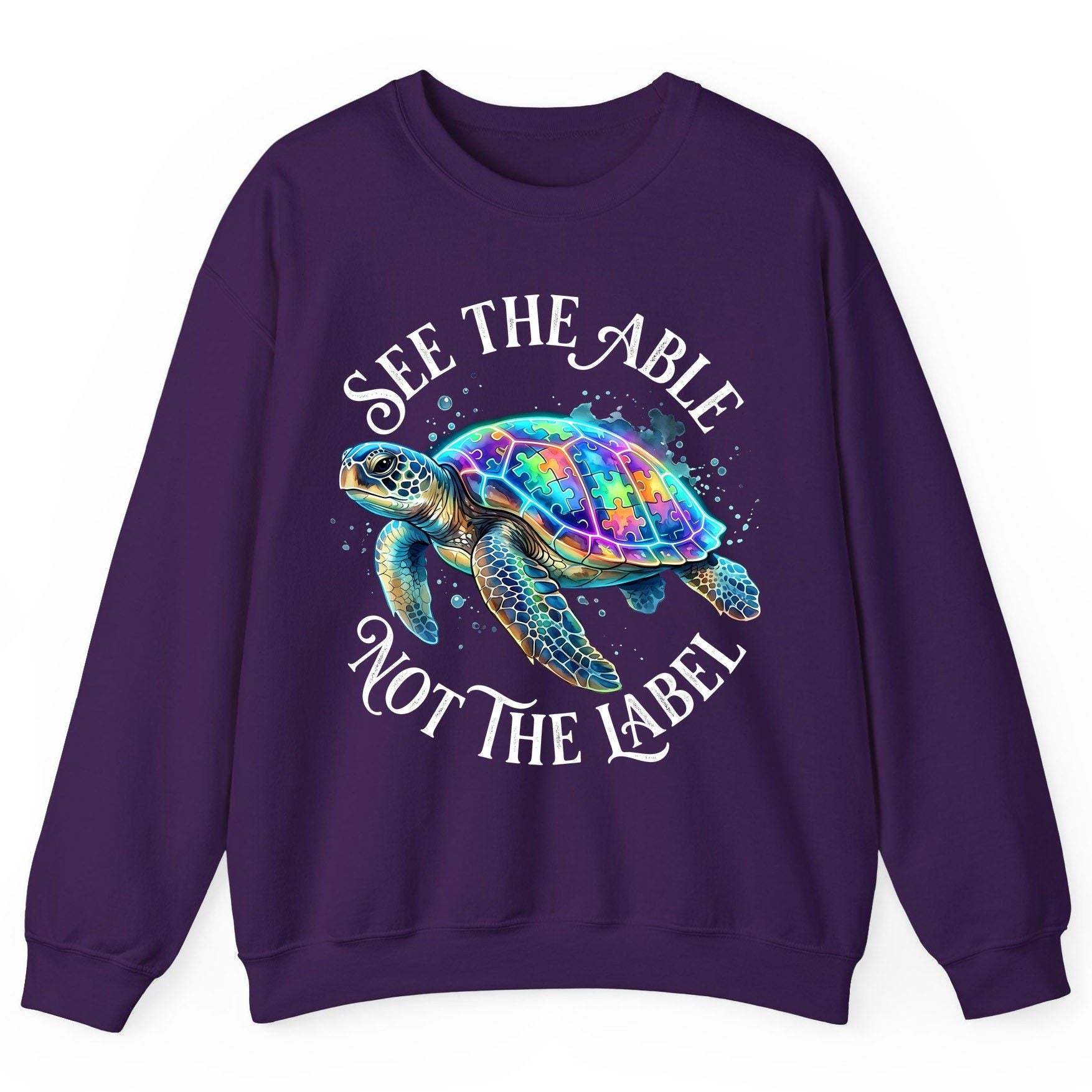 See the Able Not the Label Autism Awareness Sweatshirt - product mockup - Purple