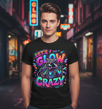 Let's Glow Crazy Funny Rockstar Raccoon T-Shirt - lifestyle model mockup - Black