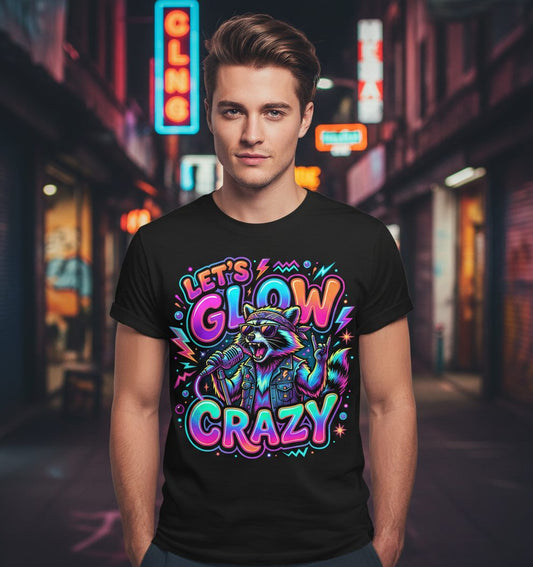 Let's Glow Crazy Funny Rockstar Raccoon T-Shirt - lifestyle model mockup - Black