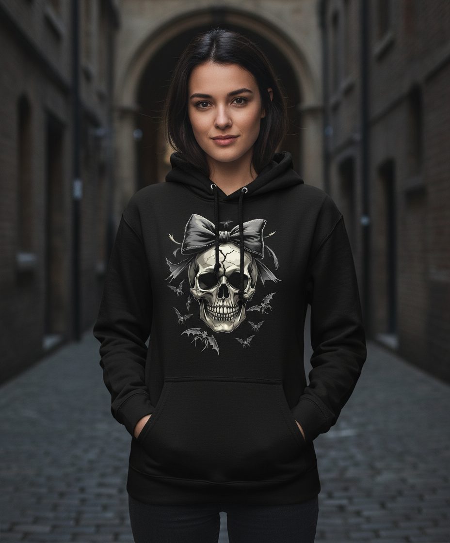Gothic Skull with Bow gothic skull Hoodie Black lifestyle mockup