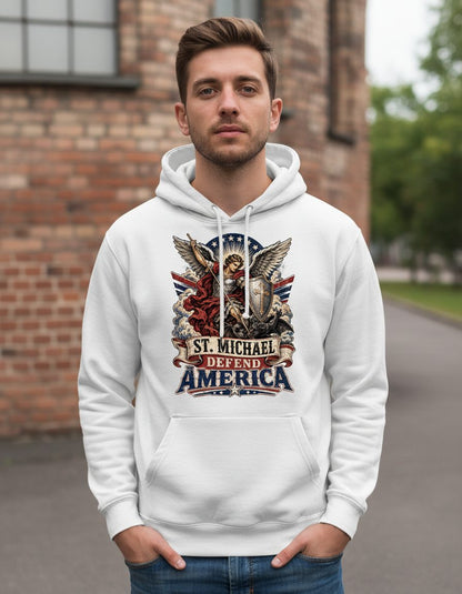 St Michael Defend America Vintage Patriotic Christian Hoodie - lifestyle model mockup - White