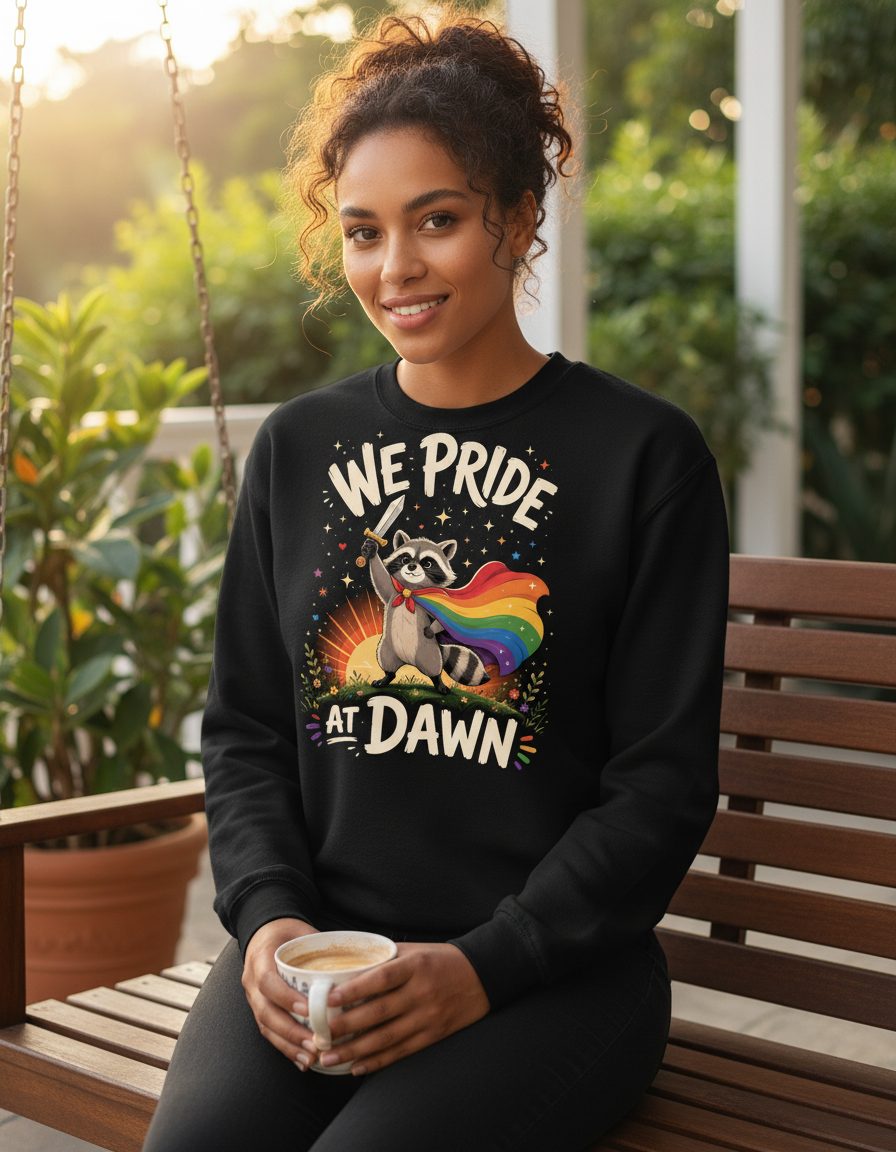 We Pride at Dawn Lgbtq Raccoon Sweatshirt - lifestyle model mockup - Black