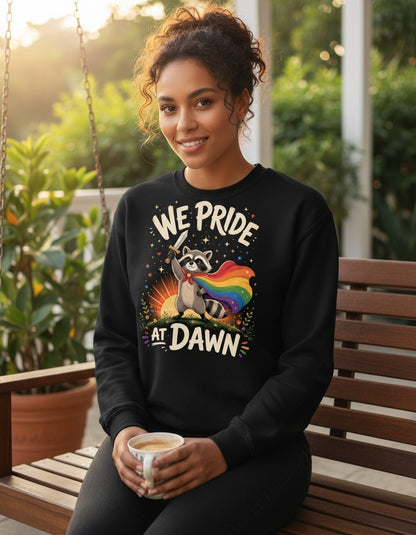 We Pride at Dawn Lgbtq Raccoon Sweatshirt - lifestyle model mockup - Black